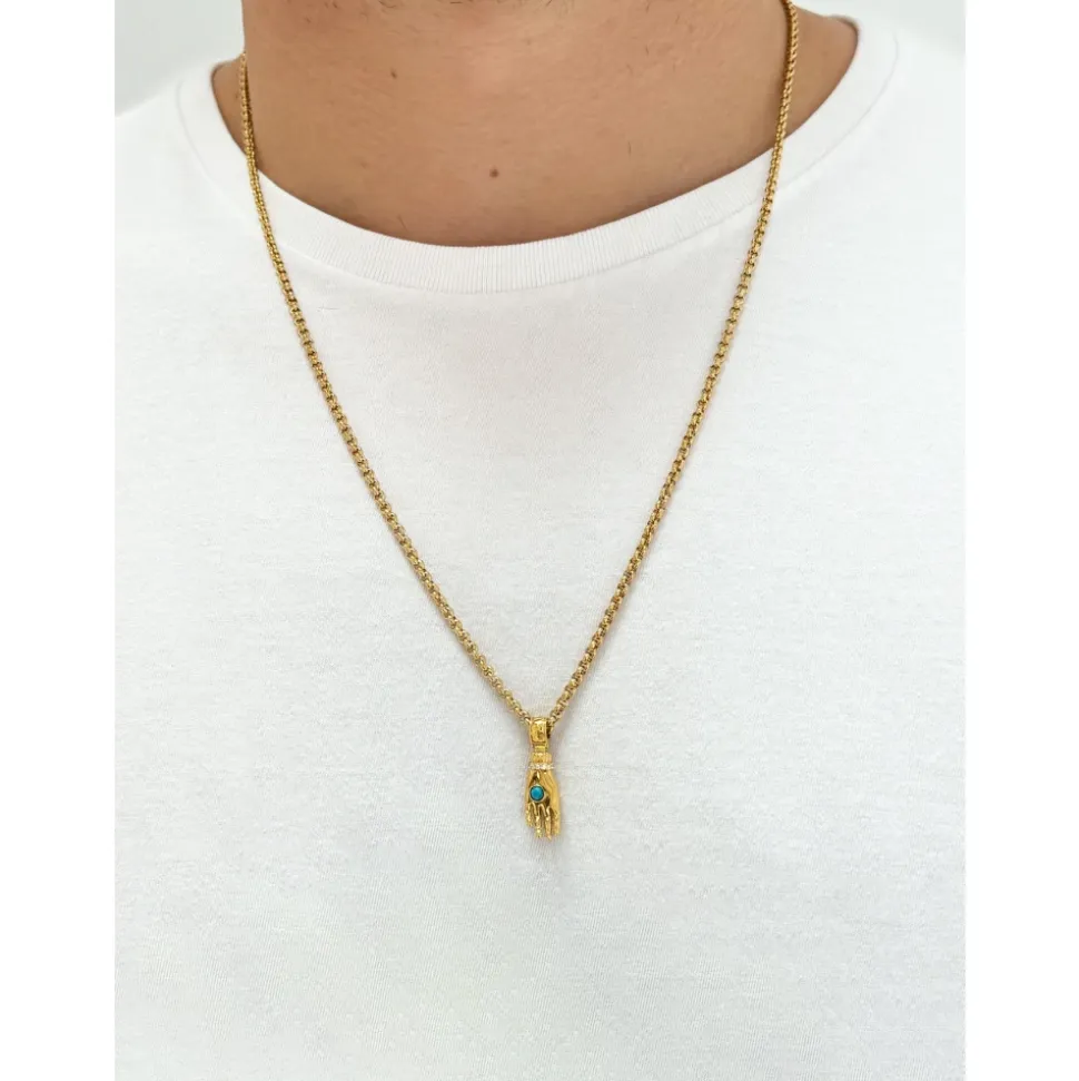 Men's Hand Pendant with a Small Turquoise Gemstone in Gold