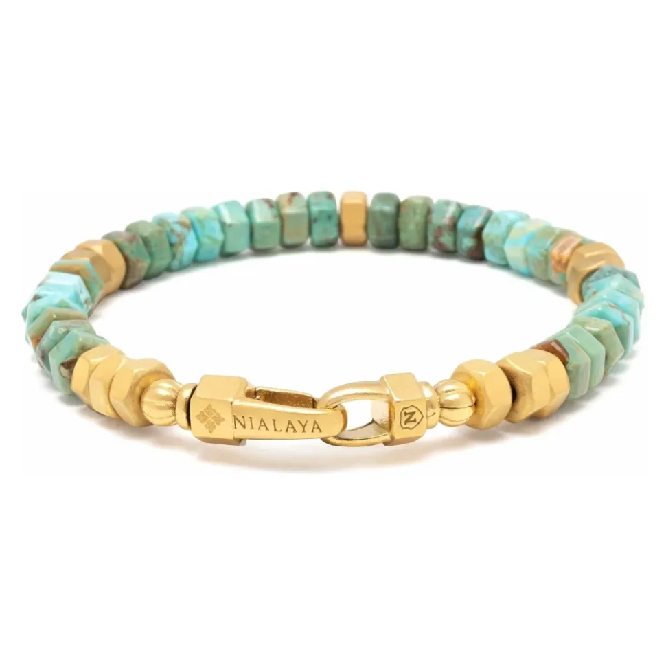 Men's Hexagon Beaded Bracelet with Green Turquoise and Gold