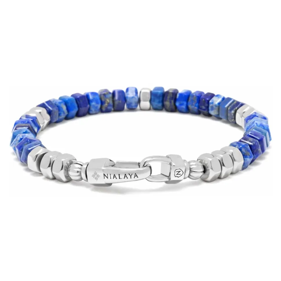 Men's Hexagon Beaded Bracelet with Blue Lapis and Silver
