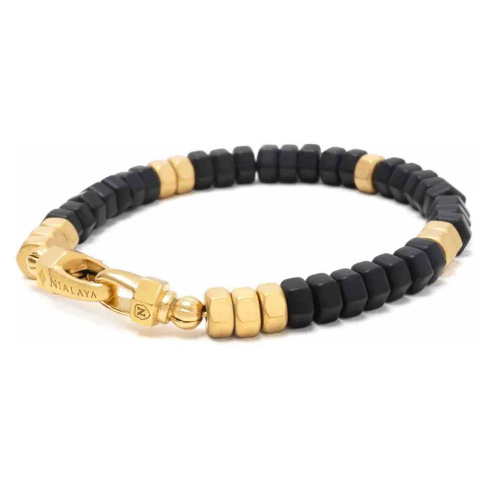 Men's Hexagon Beaded Bracelet with Black Onyx and Gold