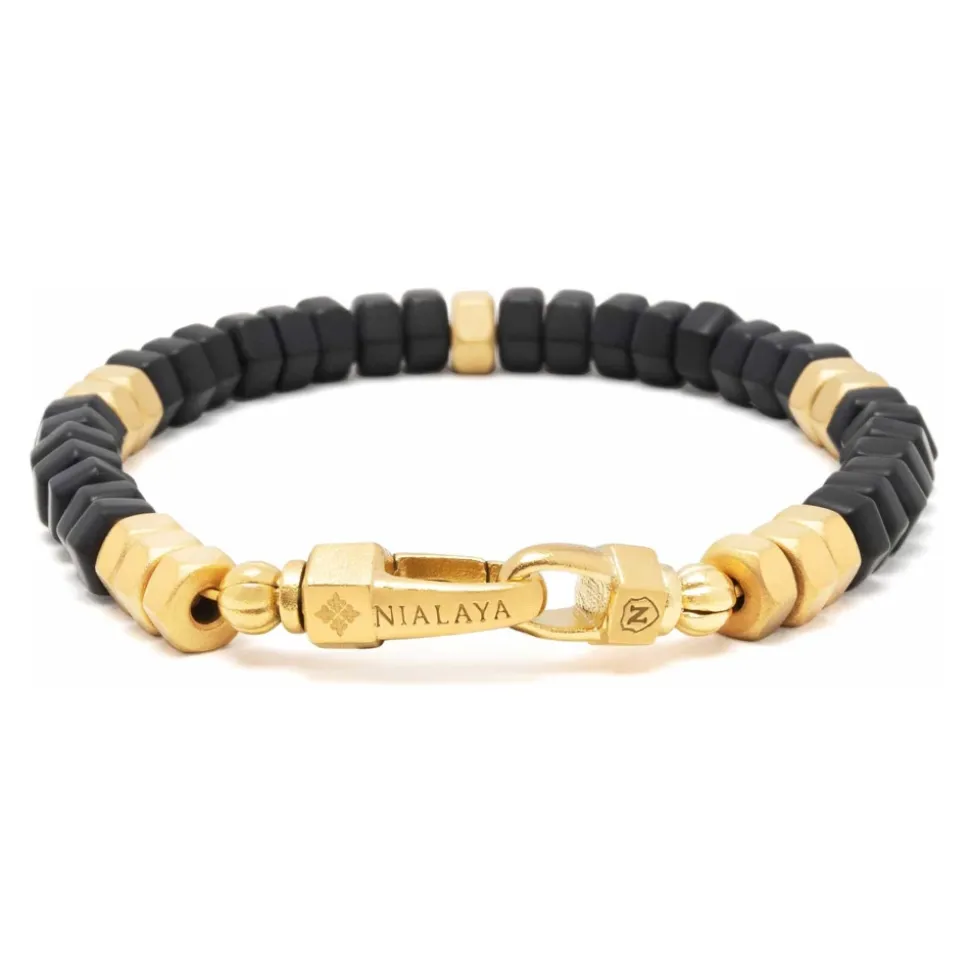 Men's Hexagon Beaded Bracelet with Black Onyx and Gold