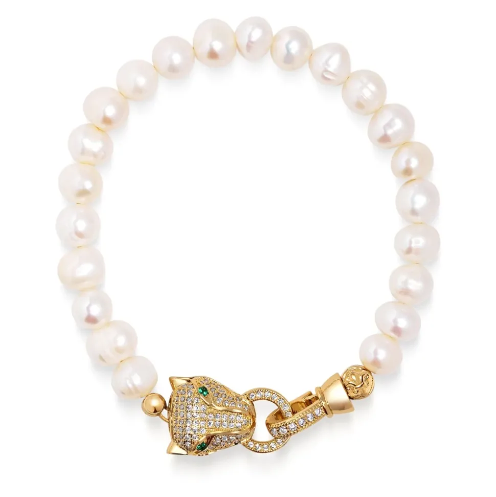 Men's Pearl Bracelet with Gold Panther