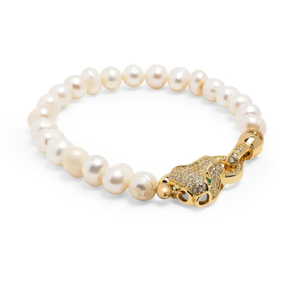 Men's Pearl Bracelet with Gold Panther