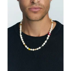 Men's Smiley Face Pearl Necklace with Assorted Beads