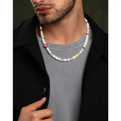 Men's Smiley Face Pearl Necklace with Assorted Beads
