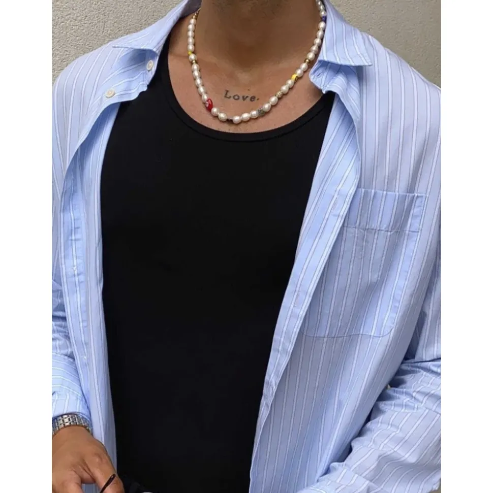 Men's Smiley Face Pearl Necklace with Assorted Beads