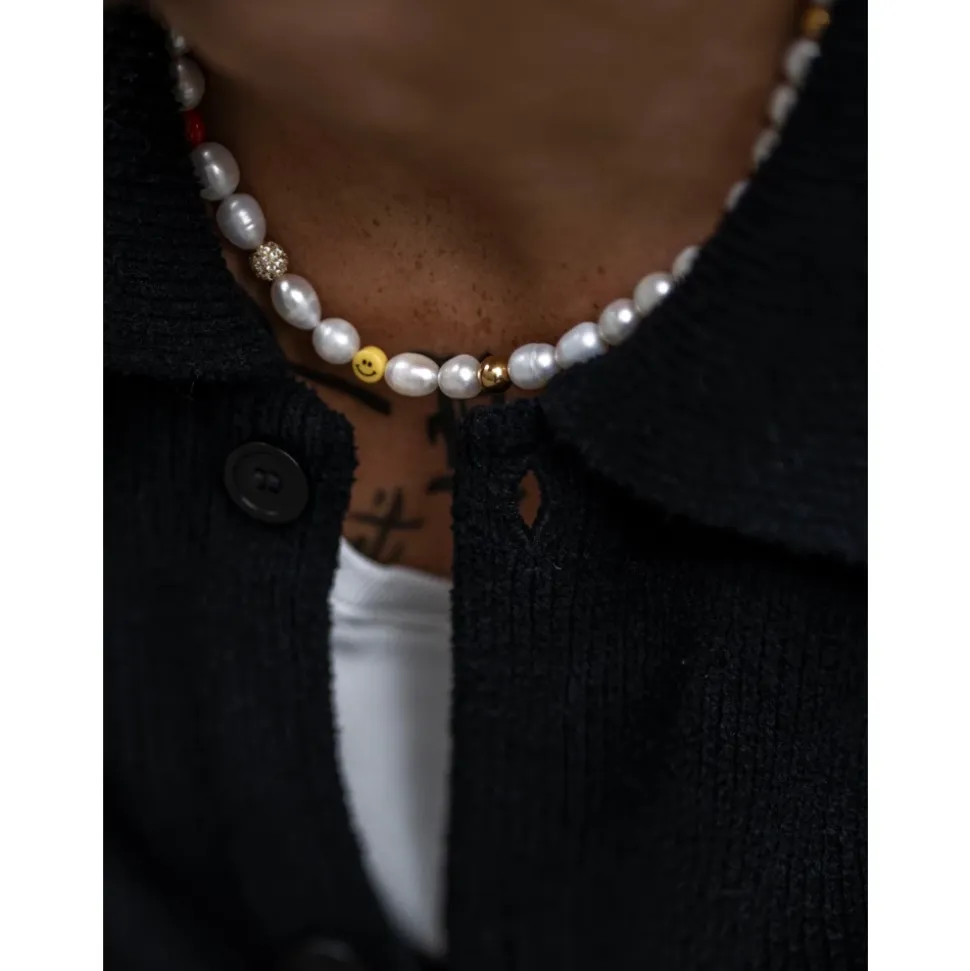 Men's Smiley Face Pearl Necklace with Assorted Beads
