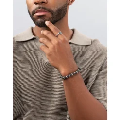 Men's Sterling Silver Beaded Bracelet with Lava Stone