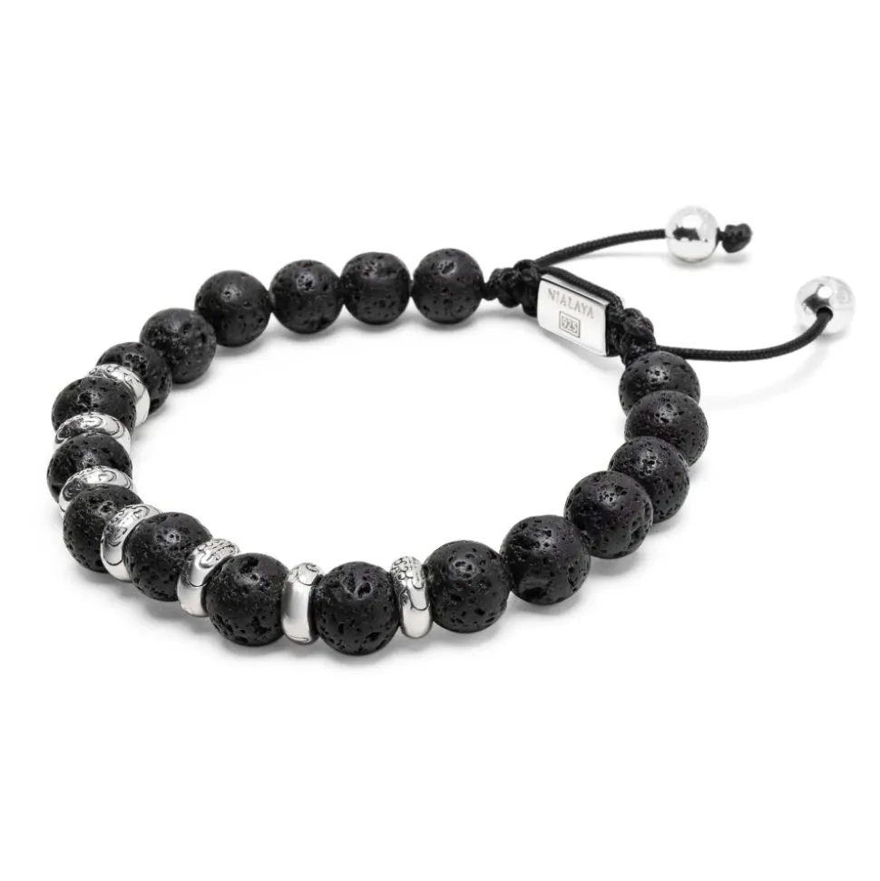 Men's Sterling Silver Beaded Bracelet with Lava Stone
