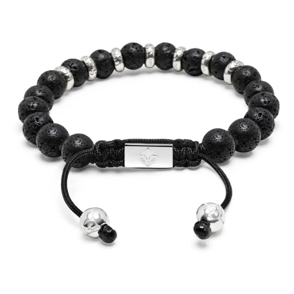Men's Sterling Silver Beaded Bracelet with Lava Stone