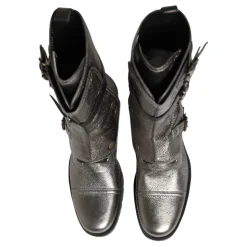 Metallic Leather Buckle Combat Boots