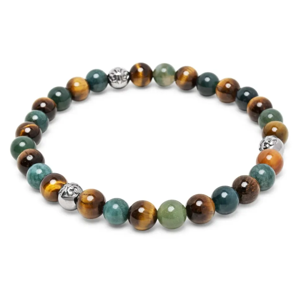 6mm Tiger Eye and Aquatic Agate Bracelet with Silver Balls