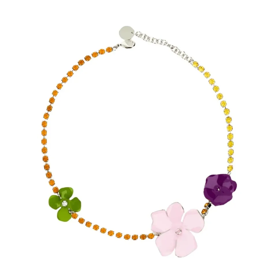 Pinkfarbene Halskette mit Blumen und Strasssteinen