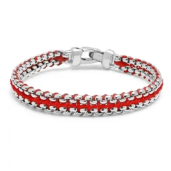 Red Woven Box Chain Bracelet in Silver