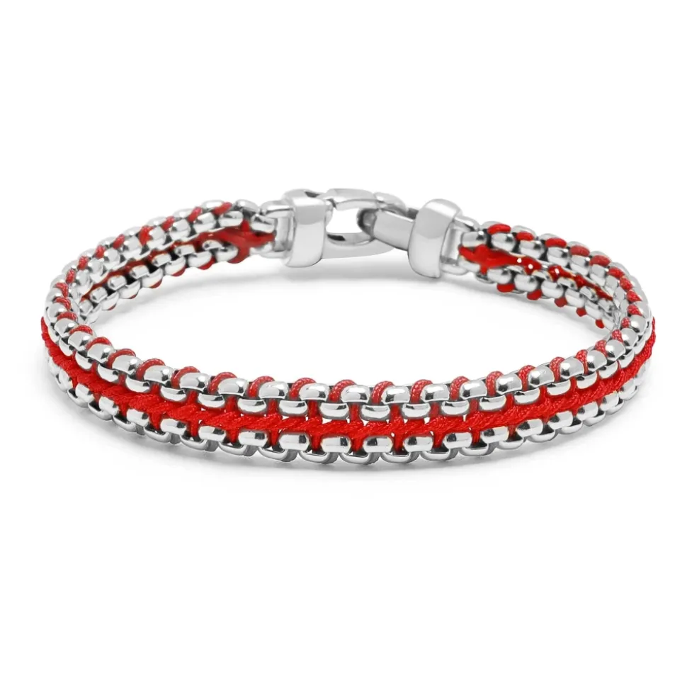 Red Woven Box Chain Bracelet in Silver