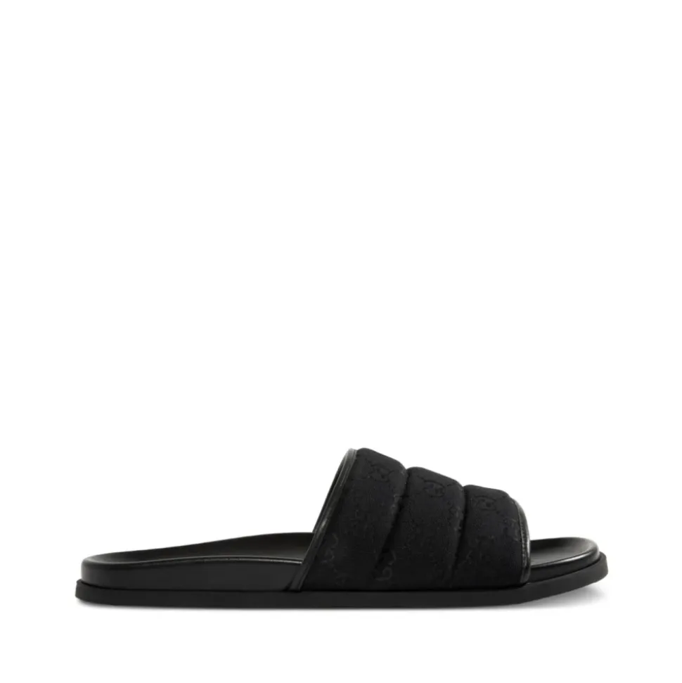 Schwarze Canvas Open Toe Slide Sandalen