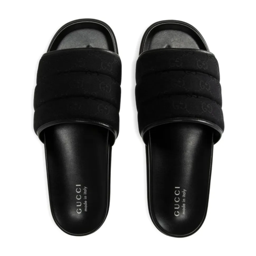 Schwarze Canvas Open Toe Slide Sandalen