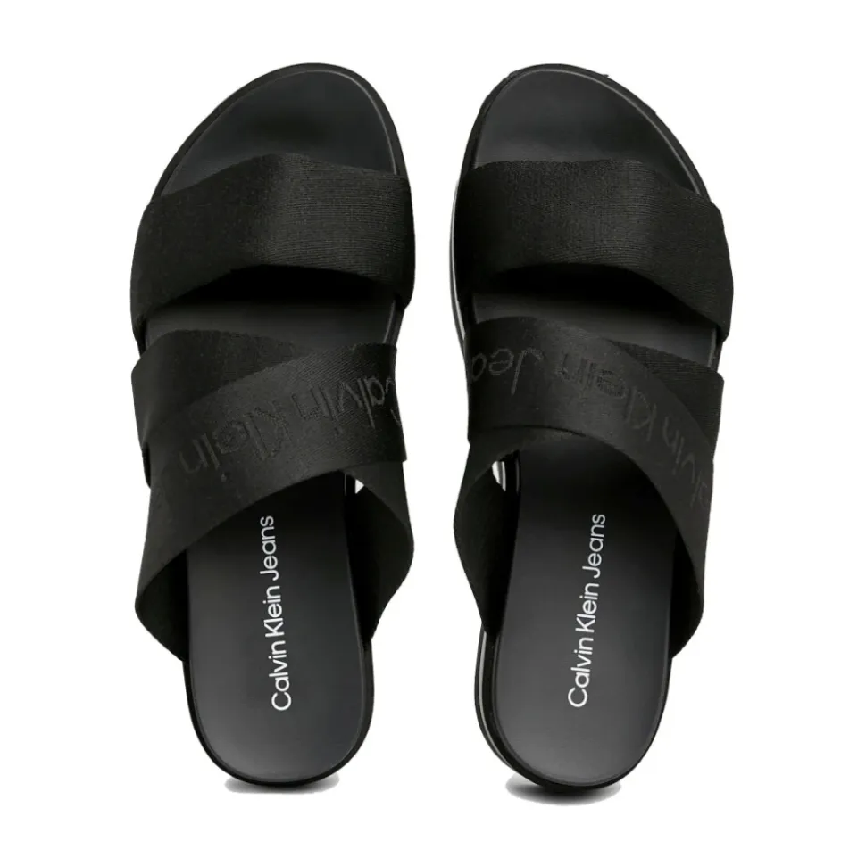 Schwarze Flache Sandale Webbing