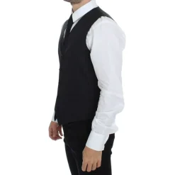Schwarze Gestreifte Woll Seiden Kleid Weste