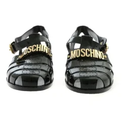 Schwarze Gummistrandsandalen mit goldenem Logo
