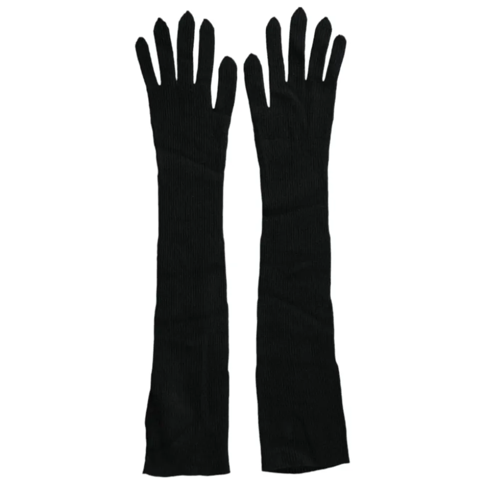 Schwarze Kaschmir-Strick Ellenbogenlange Handschuhe