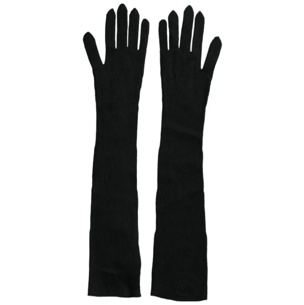 Schwarze Kaschmir-Strick Ellenbogenlange Handschuhe