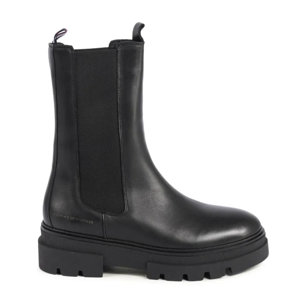 Schwarze Leder Chelsea Boots Plateausohle