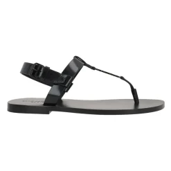 Schwarze Leder Flache Sandalen