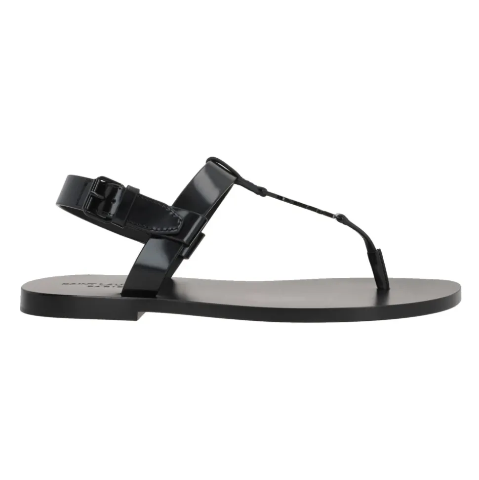 Schwarze Leder Flache Sandalen
