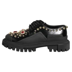 Schwarze Leder Juwelen Derby Schuhe