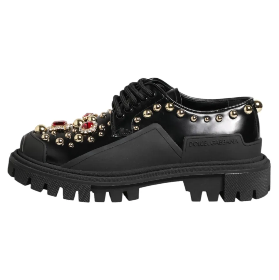 Schwarze Leder Juwelen Derby Schuhe