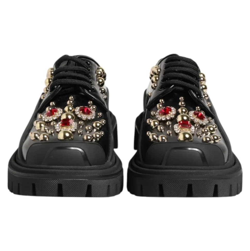 Schwarze Leder Juwelen Derby Schuhe