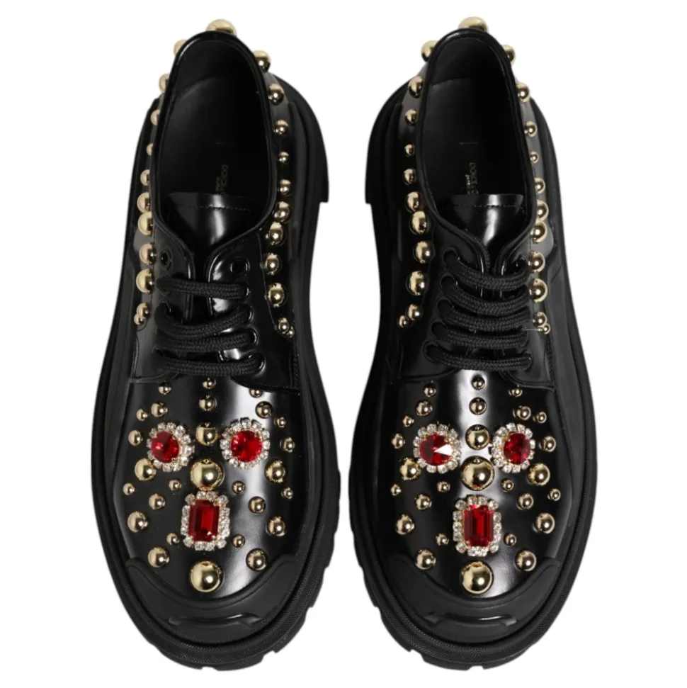 Schwarze Leder Juwelen Derby Schuhe