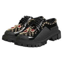 Schwarze Leder Juwelen Derby Schuhe