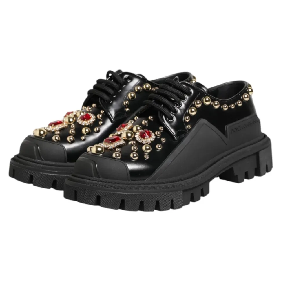 Schwarze Leder Juwelen Derby Schuhe