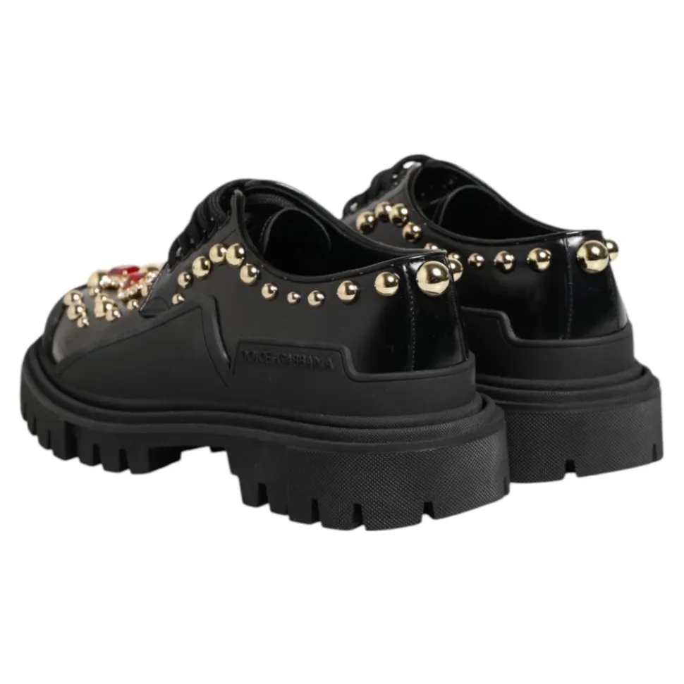 Schwarze Leder Juwelen Derby Schuhe