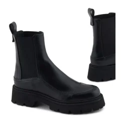 Schwarze Leder Plateau Stiefel Runde Zehe