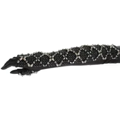 Schwarze Lederhandschuhe mit Kristallperlen