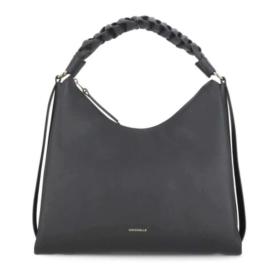 Schwarze Lederhandtasche mit geflochtenem Griff