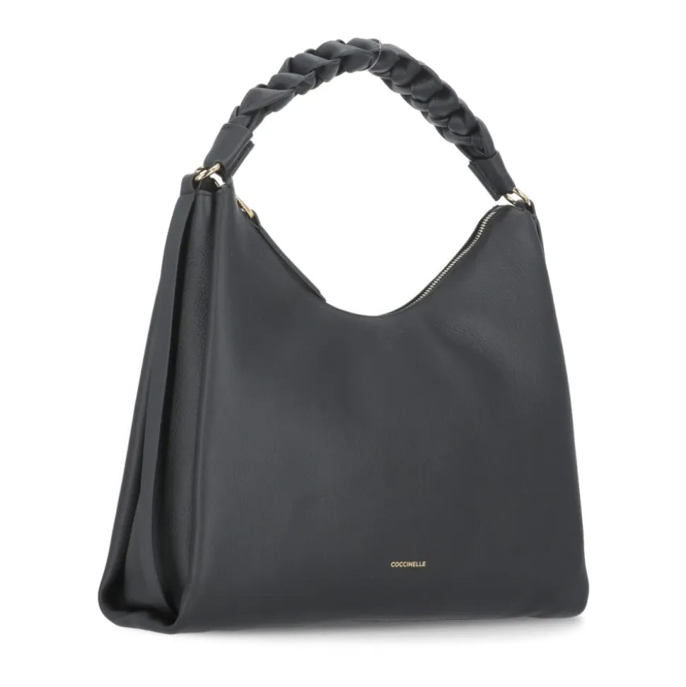 Schwarze Lederhandtasche mit geflochtenem Griff
