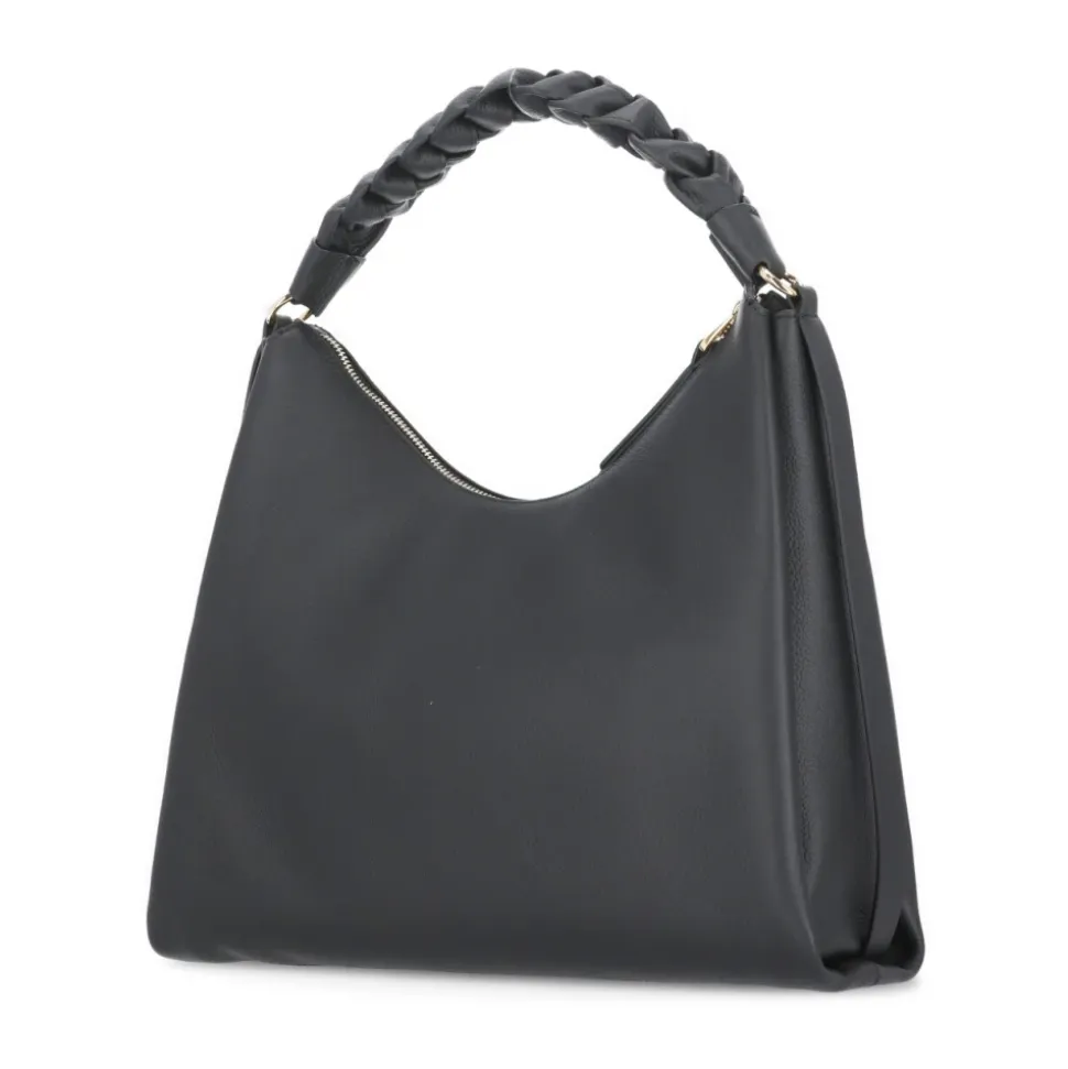 Schwarze Lederhandtasche mit geflochtenem Griff