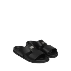 Schwarze Ledersandalen Flache Gummisohle