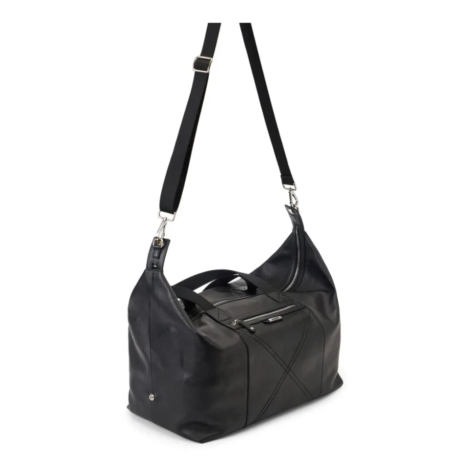 Schwarze Ledertasche mit Kreuzstich und Logoplatte