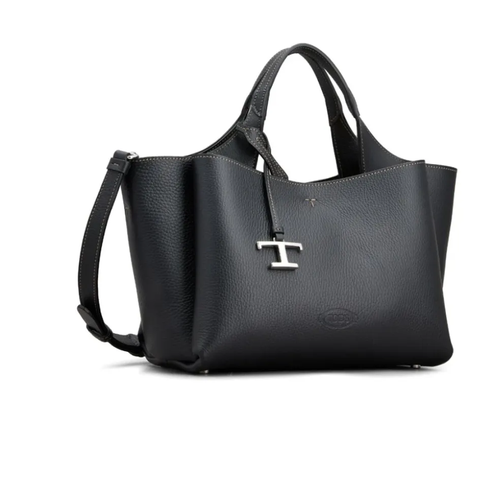 Schwarze Leder-Tote-Tasche mit Logo-Plakette