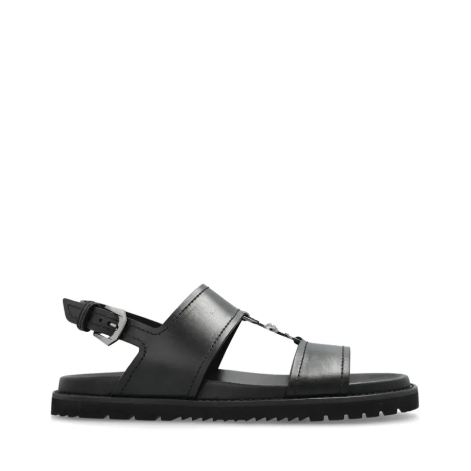 Schwarze Sandalen mit Schnalle und flacher Gummisohle