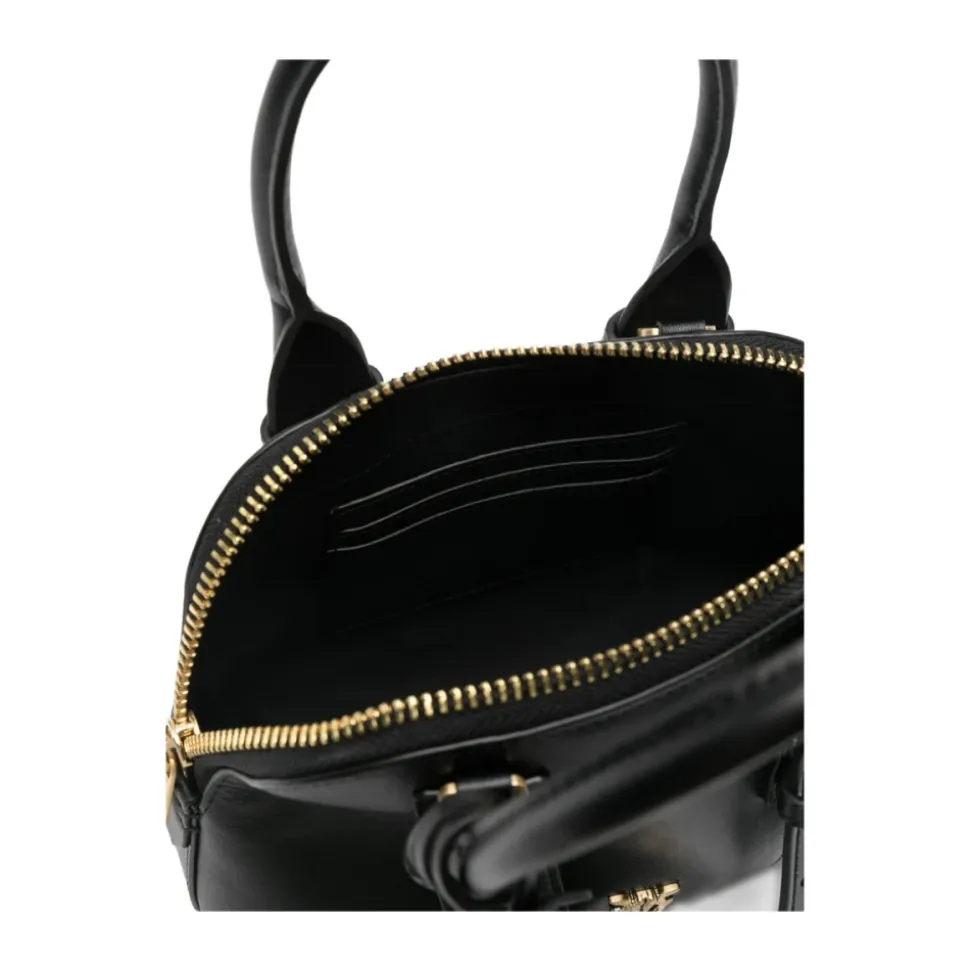 Schwarze Tasche mit oberen Griffen und goldfarbener Hardware