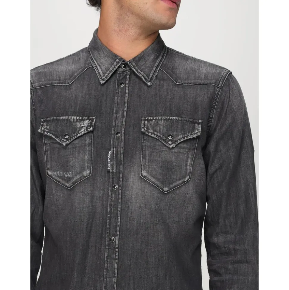 Schwarzes Distressed Denim Langarmhemd