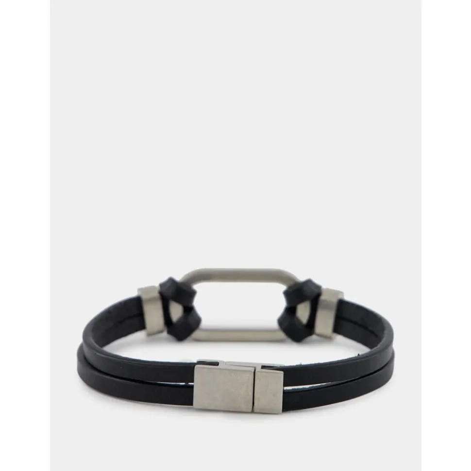 Schwarzes Leder Oval Ring Armband