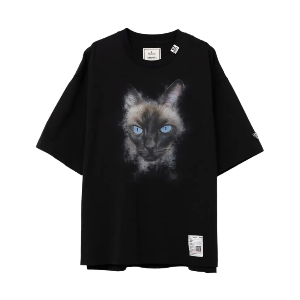 Schwarzes T-Shirt mit Katzenprint und Rundhalsausschnitt
