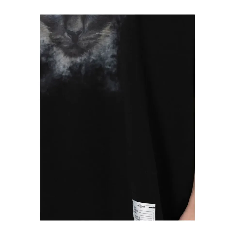 Schwarzes T-Shirt mit Katzenprint und Rundhalsausschnitt